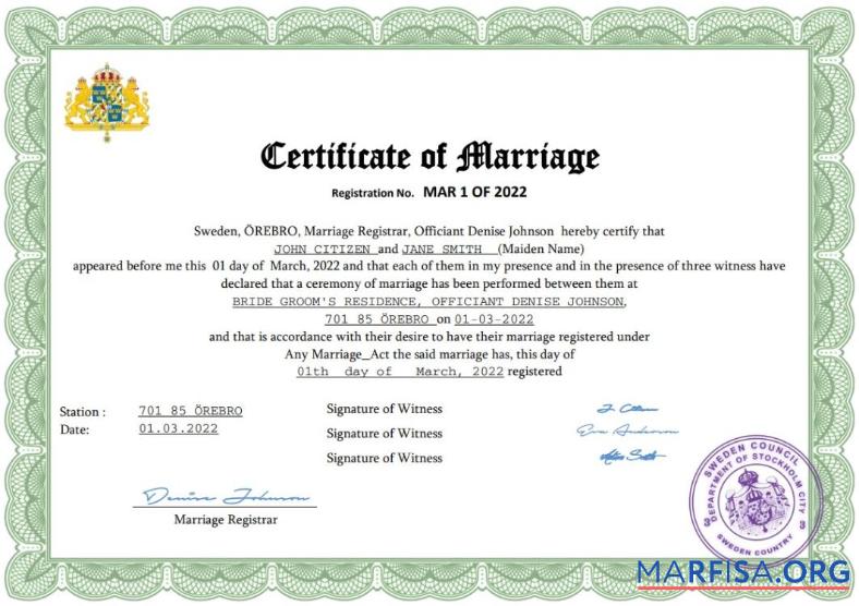Downloadable Sweden marriage certificate Word and PDF template